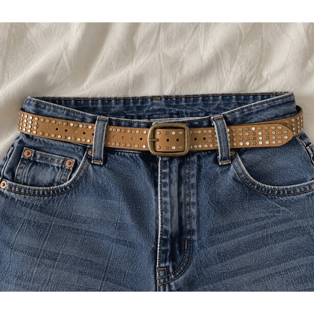 Tan Studded Faux Leather Belt Antique Brass inspired Buckle Mixed Metal 44 Inch